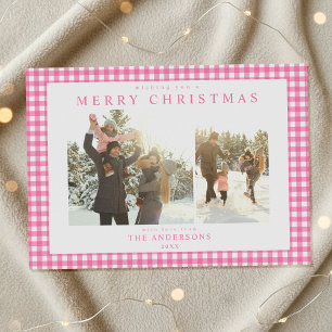 Pink Gingham Plaid Two Photo Holiday Card