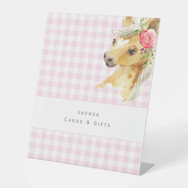 Pink Gingham Pony Baby Shower Cards & Gifts Pedestal Sign (Front)