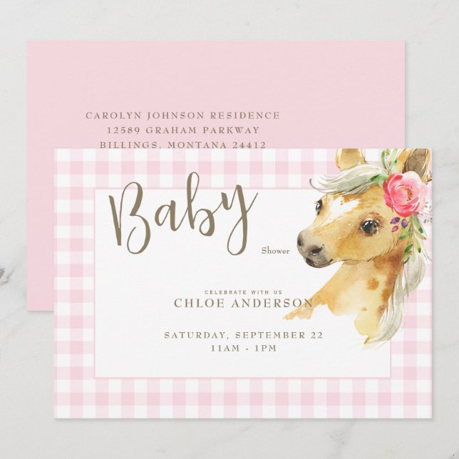 Pink Gingham Pony Baby Shower Invitation (Front/Back)