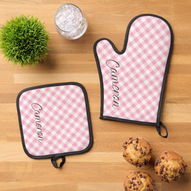 Pink Gingham Pot Holder Mitt Set Personalized (Top Down)