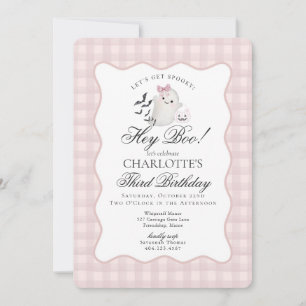 Pink Gingham Preppy Ghost Hey Boo Birthday Invitation