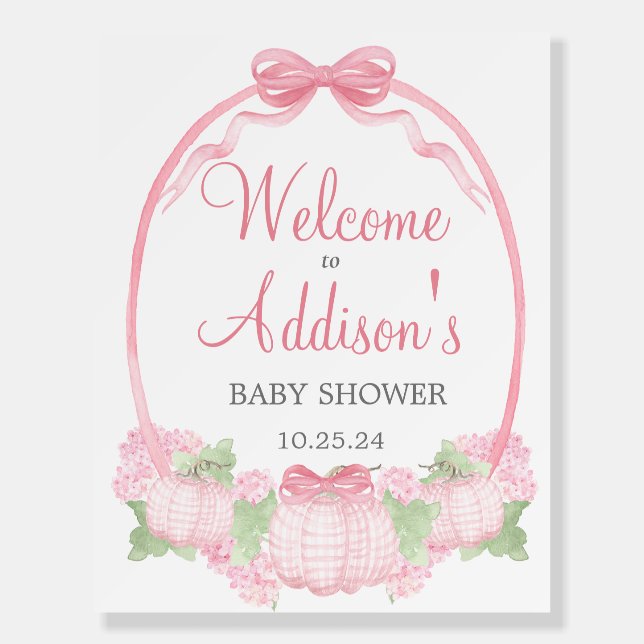 Pink Gingham Pumpkin Baby Shower welcome sign (Front)