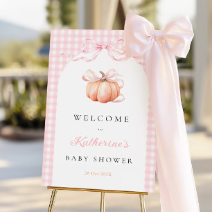 Pink Gingham Pumpkin Baby Shower Welcome Sign