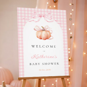 Pink Gingham Pumpkin Baby Shower Welcome Sign