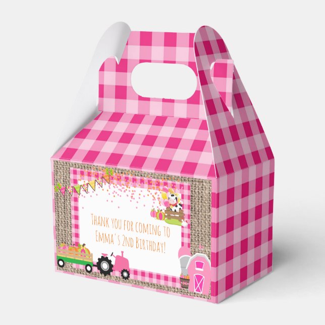 Pink Gingham Pumpkin Patch Farmer Girl's Birthday  Favor Boxes (Front Side)