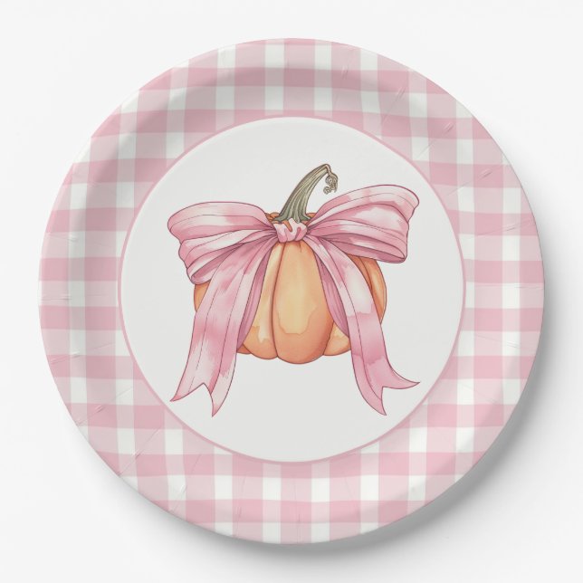 Pink Gingham Pumpkin Tied with a Bow Paper Plates (Front)