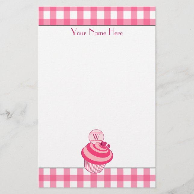 Pink Gingham / Raspberry Cupcake Stationery (Front)