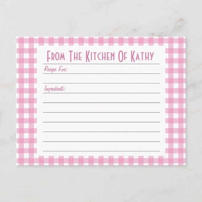 Pink Gingham Recipe Card (Front)