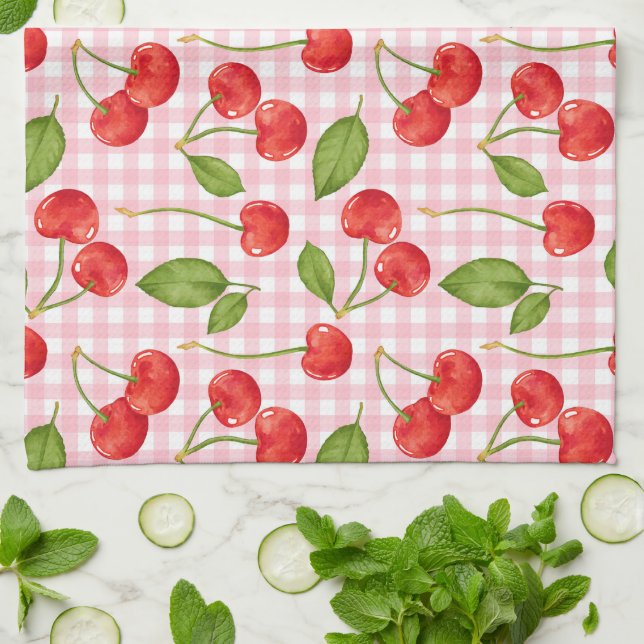 Pink Gingham & Red Cherries Picnic Kitchen Towel (Folded)