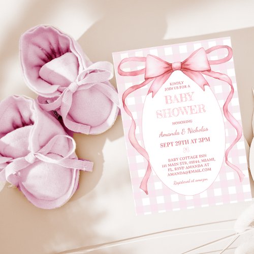 Pink Gingham Ribbon Bow Vintage Baby Girl Shower  Invitation
