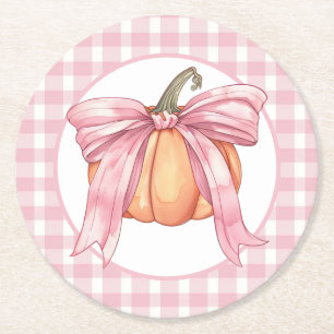 Pink Gingham Ribbon Pumpkin, Coquette Bow Round Paper Coaster