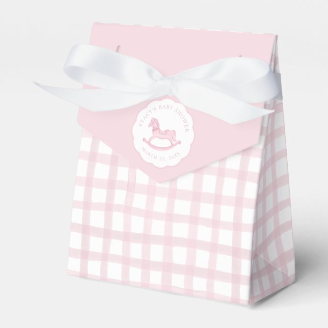 Pink Gingham Rocking Horse Baby Favor Bag Boxes (Front Side)