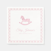 Pink Gingham Rocking Horse Baby Shower Napkins