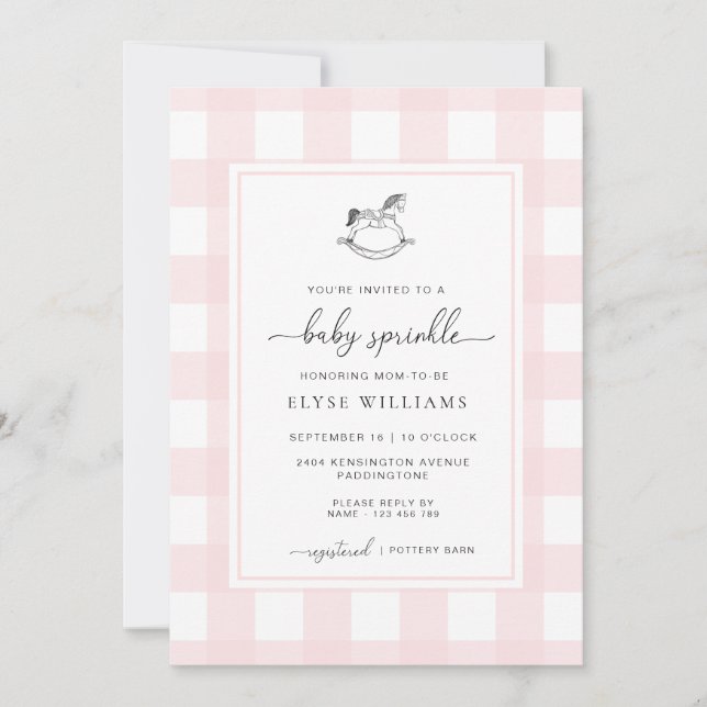 Pink Gingham Rocking Horse Baby Sprinkle Invitation (Front)