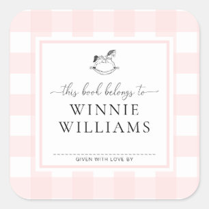 Pink Gingham Rocking Horse Bookplate Sticker