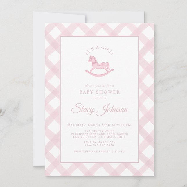 Pink Gingham Rocking Horse Girl Baby Shower Invite (Front)