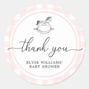 Pink Gingham Rocking Horse Shower Favor Sticker
