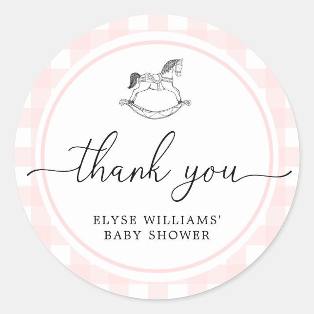 Pink Gingham Rocking Horse Shower Favor Sticker (Front)