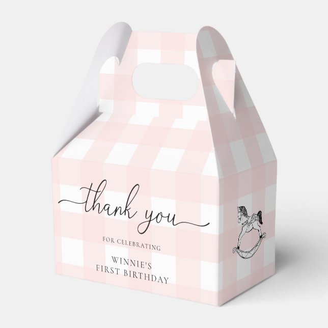 Pink Gingham Rocking Horse Thank You Favor Box (Front Side)