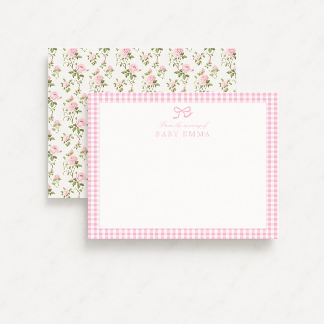 Pink Gingham & Rose Floral Baby Note Card (Creator Uploaded)