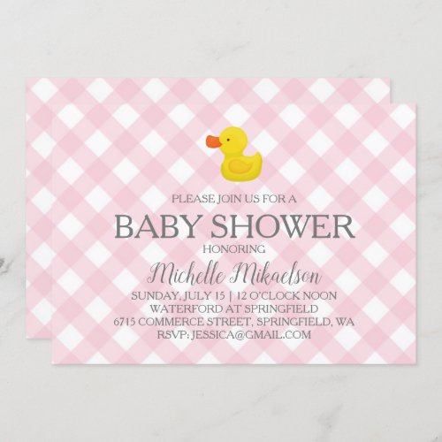 Pink Gingham Rubber Duckie Baby Shower Invitation