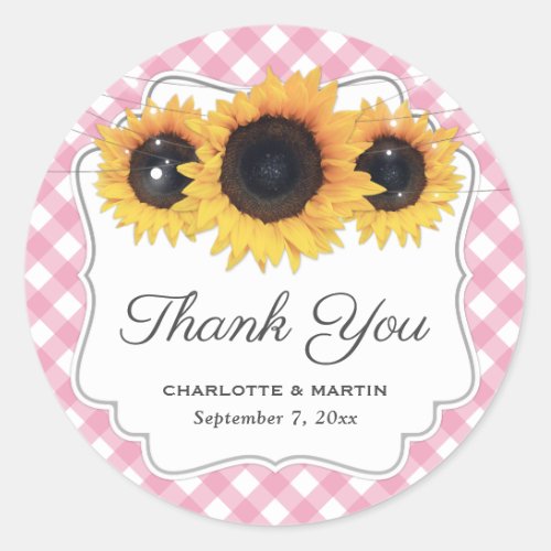 Pink Gingham Rustic Sunflower Floral Thank You Classic Round Sticker