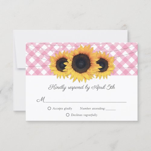 Pink Gingham Rustic Sunflower Wedding RSVP Card