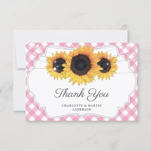 Pink Gingham Rustic Sunflower Wedding Thank You Card