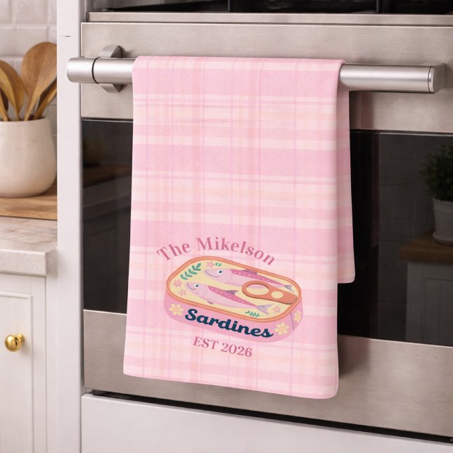 Pink Gingham Sardines Custom Family Name Kitchen Towel (Creator Uploaded)