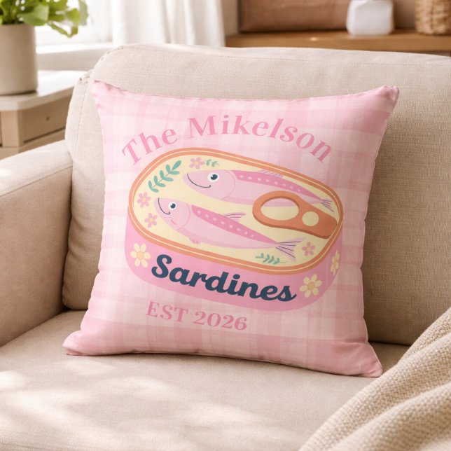 Pink Gingham Sardines Custom Family Name Throw Pillow (Creator Uploaded)