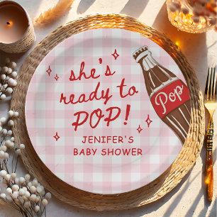 Pink Gingham She's Ready to Pop Baby Shower Paper Plates