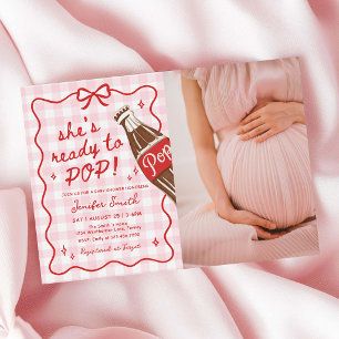 Pink Gingham She's Ready to Pop Baby Shower Photo Invitation