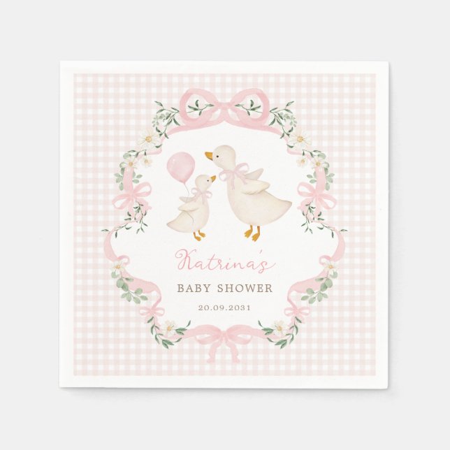 Pink Gingham Silly Goose Girl Baby Shower Napkins (Front)