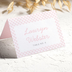 Pink gingham simple girl baby shower place card