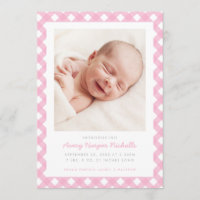 Pink Gingham Single Photo Birth Announcement