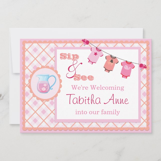 Pink Gingham Sip and See Bunting Baby Invitation (Front)