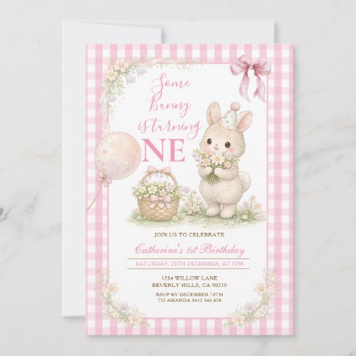 Pink Gingham Some Bunny Is Turning One Birthday
