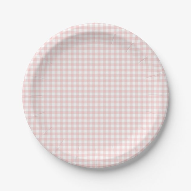 Pink Gingham Spring Birthday Party Paper Plates (Front)