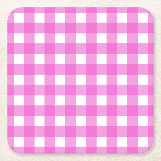 Pink gingham square paper coaster (Front)