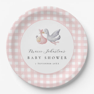 Pink Gingham Stalk Baby Shower Paper Plates