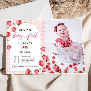 Pink Gingham Strawberry 1st Birthday Photo  Invitation