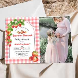 Pink Gingham Strawberry Baby Shower Photo Invitation