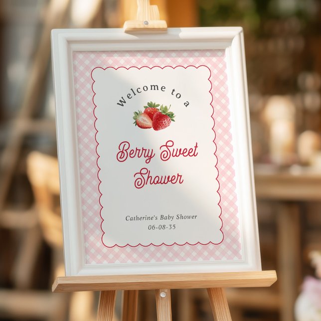 Pink Gingham-Strawberry Baby Shower Welcome Sign (Pink Gingham-Spring Themed. Berry Sweet Baby Shower Welcome Sign Decor.)