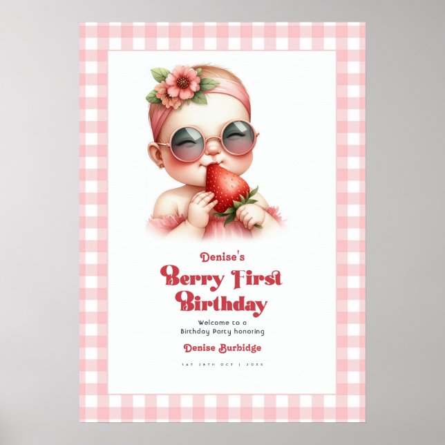Pink Gingham Strawberry Berry 1st Birthday Welcome Poster (Front)