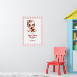 Pink Gingham Strawberry Berry 1st Birthday Welcome Poster