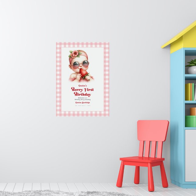 Pink Gingham Strawberry Berry 1st Birthday Welcome Poster (Nursery 1)