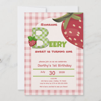 Pink Gingham Strawberry Berry First Birthday  Invi Invitation