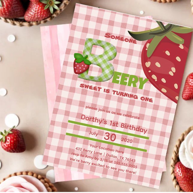 Pink Gingham Strawberry Berry First Birthday  Invitation (Creator Uploaded)