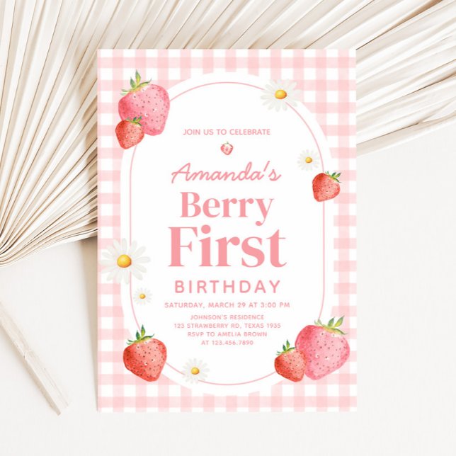 Pink Gingham Strawberry Berry First Birthday Party Invitation (Pink Gingham Berry First Birthday Party Invitation)