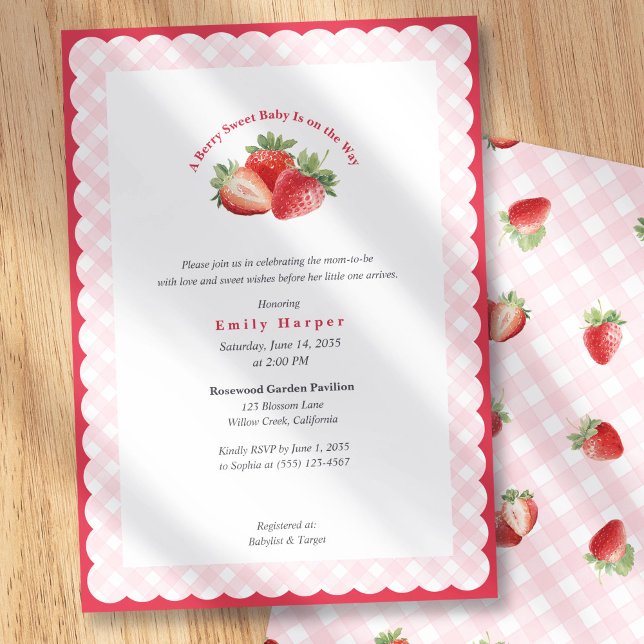Pink Gingham Strawberry Berry Sweet Baby Shower Invitation (Strawberry-Berry-Sweet Baby Girl Shower Invitation with pink elegant gingham for spring baby shower.)